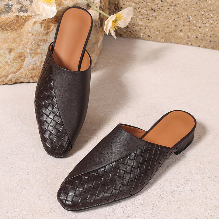 brown Elegant Woven Mule Sandals for Women - Chic Closed-Toe Slip-On Style for Summer Outings