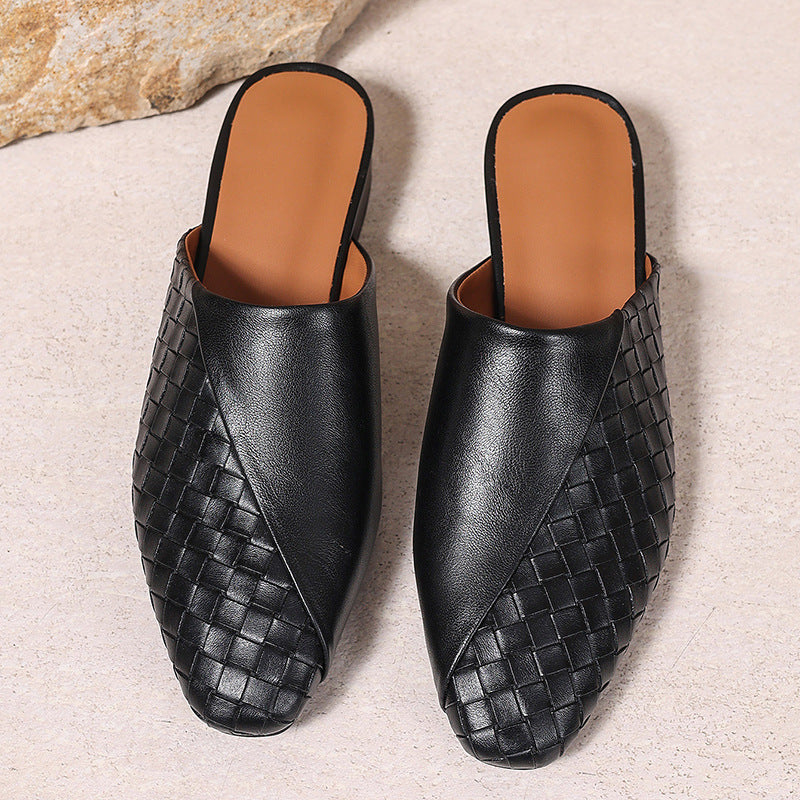 black Elegant Woven Mule Sandals for Women - Chic Closed-Toe Slip-On Style for Summer Outings