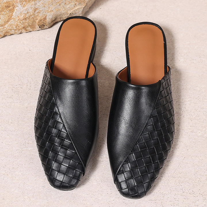 black Elegant Woven Mule Sandals for Women - Chic Closed-Toe Slip-On Style for Summer Outings