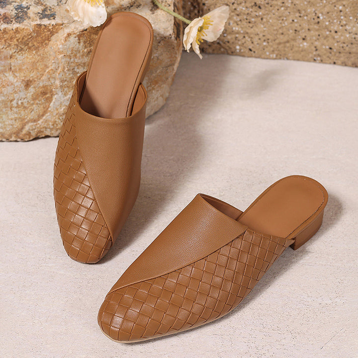 khaki Elegant Woven Mule Sandals for Women - Chic Closed-Toe Slip-On Style for Summer Outings