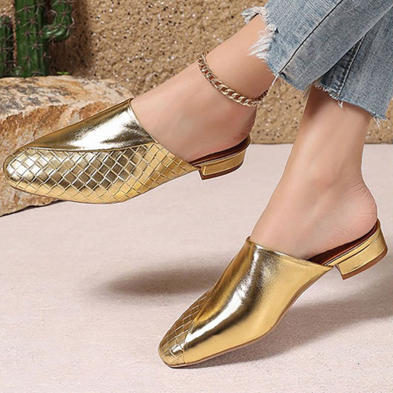 gold Elegant Woven Mule Sandals for Women - Chic Closed-Toe Slip-On Style for Summer Outings
