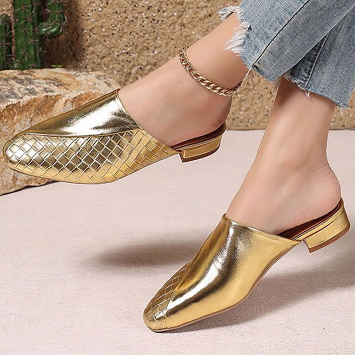 gold Elegant Woven Mule Sandals for Women - Chic Closed-Toe Slip-On Style for Summer Outings