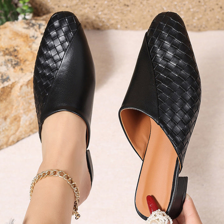 black Elegant Woven Mule Sandals for Women - Chic Closed-Toe Slip-On Style for Summer Outings
