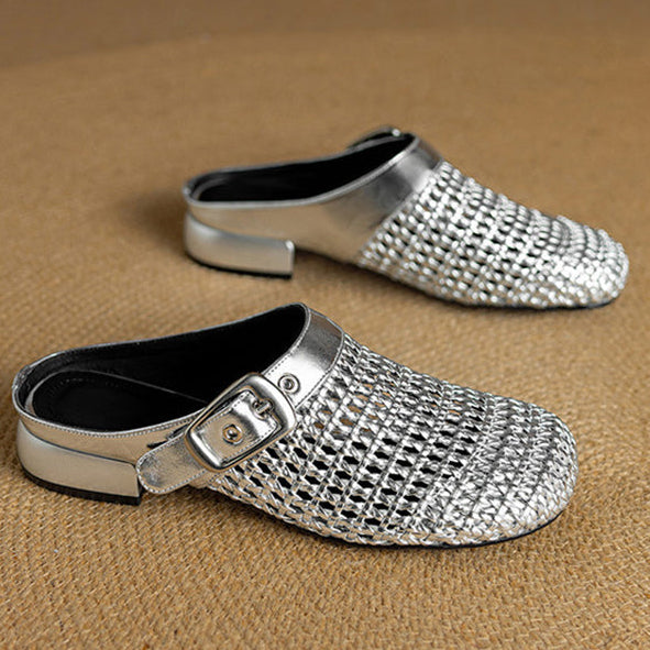 silver Women's woven leather mules