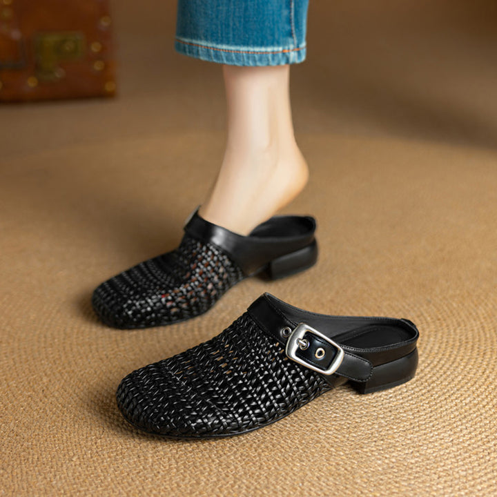 black Women's woven leather mules