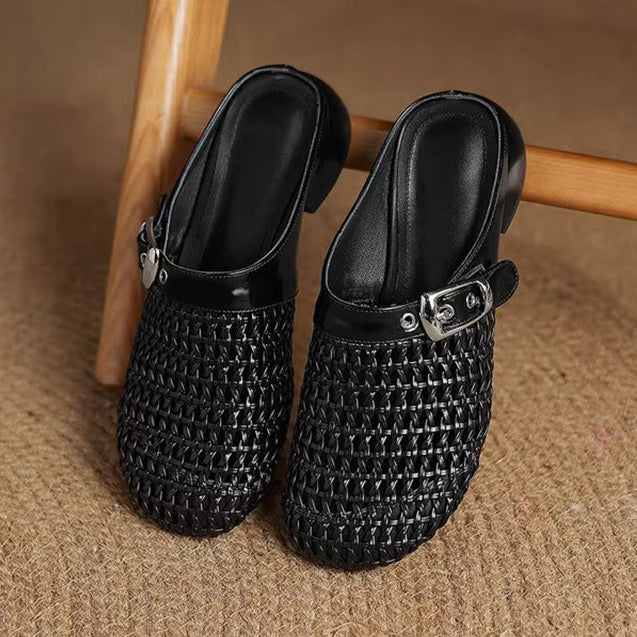 black Women's woven leather mules