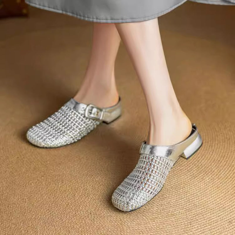 silver Women's woven leather mules