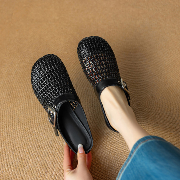 black Women's woven leather mules