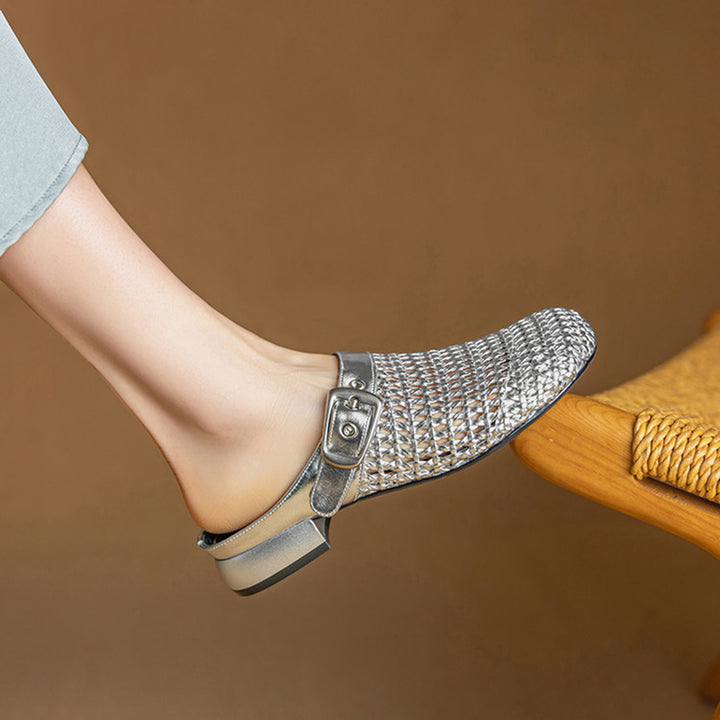 silver Women's woven leather mules