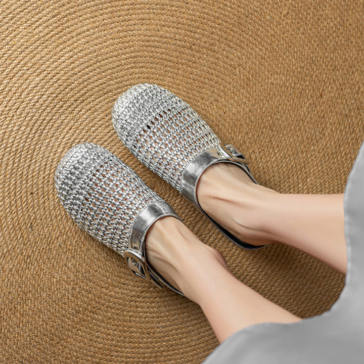 silver Women's woven leather mules