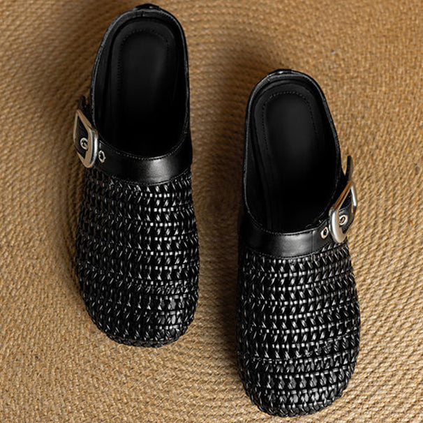 black Women's woven leather mules