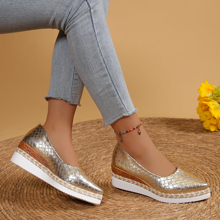 gold Women's woven textured slip on wedge heels pumps