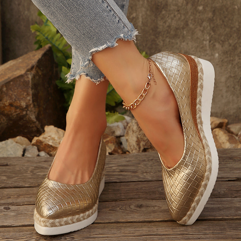 gold Women's woven textured slip on wedge heels pumps
