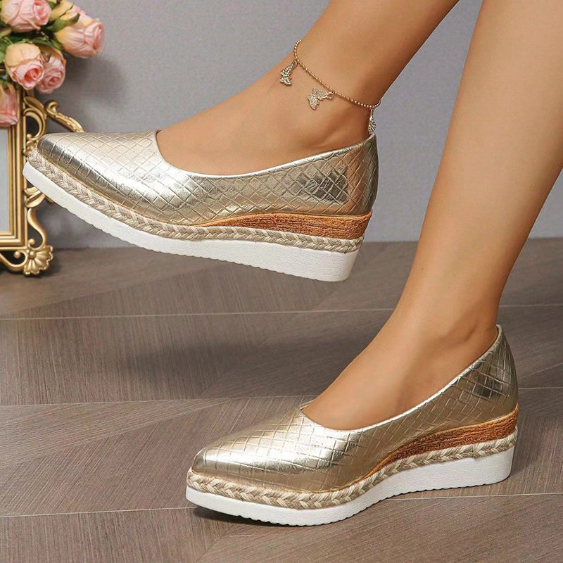 gold Women's woven textured slip on wedge heels pumps