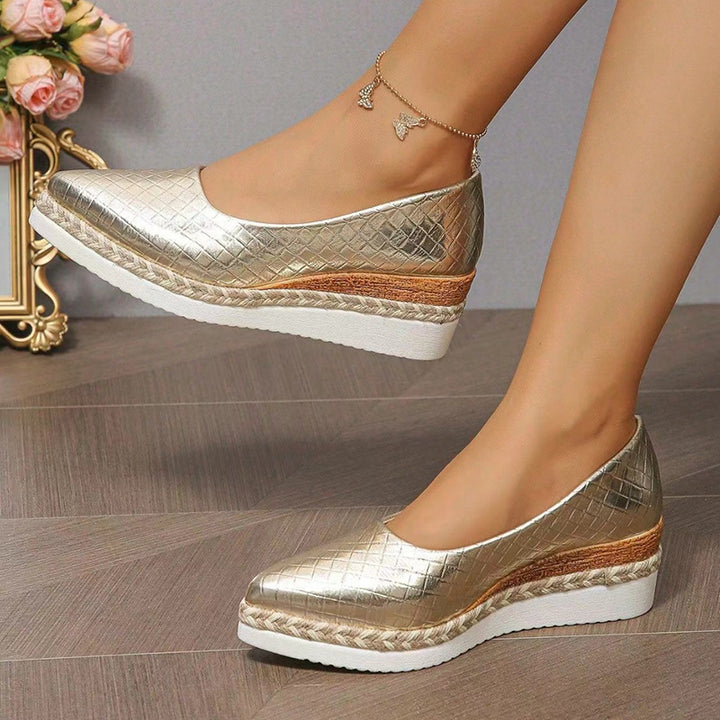 gold Women's woven textured slip on wedge heels pumps