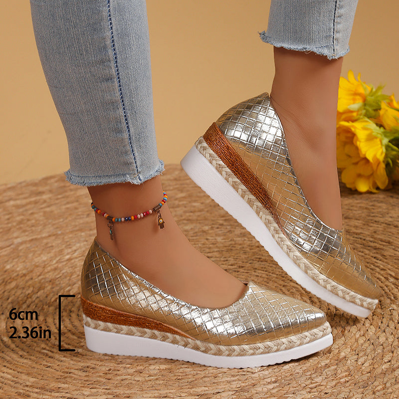 gold Women's woven textured slip on wedge heels pumps