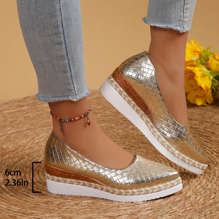 gold Women's woven textured slip on wedge heels pumps