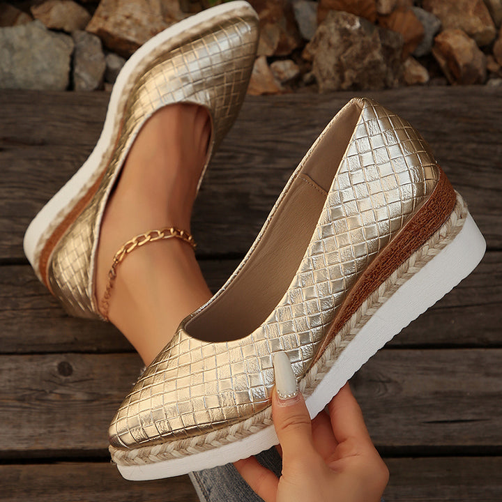 gold Women's woven textured slip on wedge heels pumps