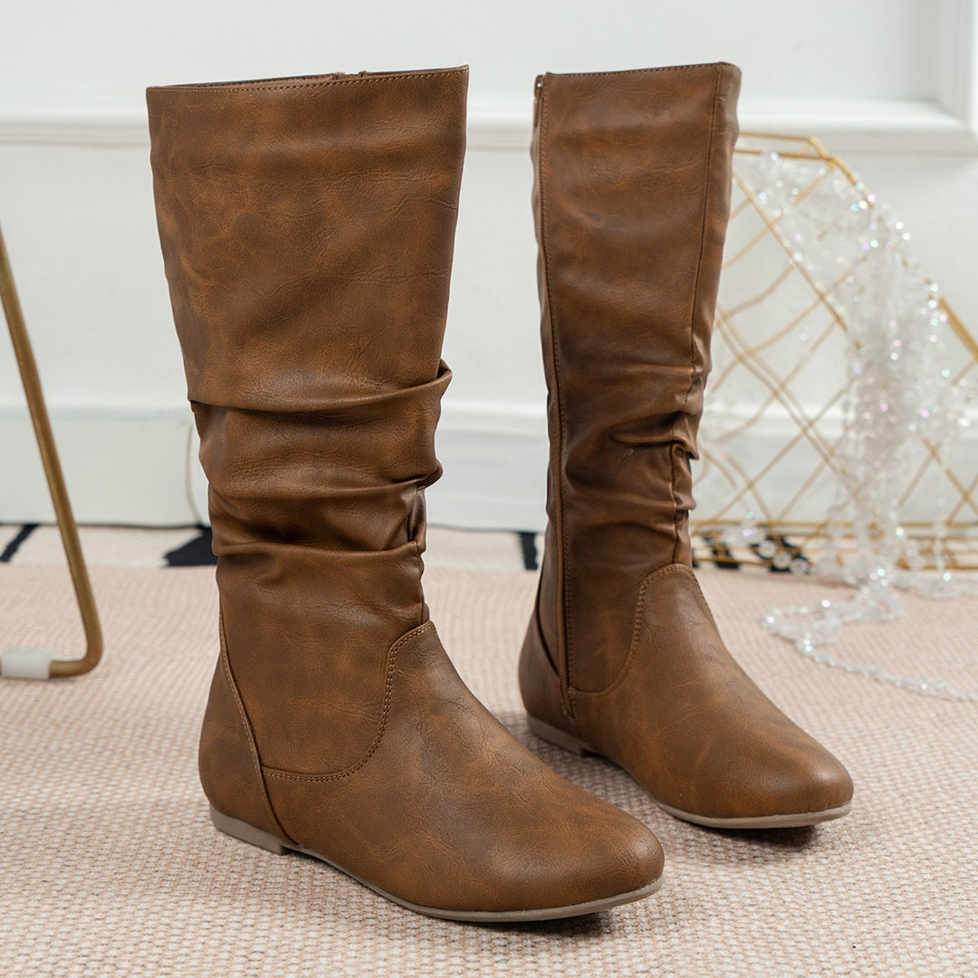 Women mid calf boots flat side zipper slouch boots