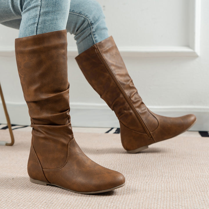 Women mid calf boots flat side zipper slouch boots
