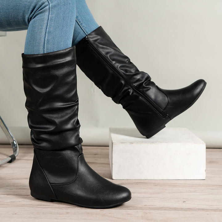 Women mid calf boots flat side zipper slouch boots