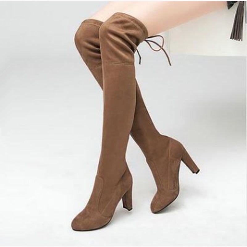 Women over the knee boots suede chunky heel lace up boots