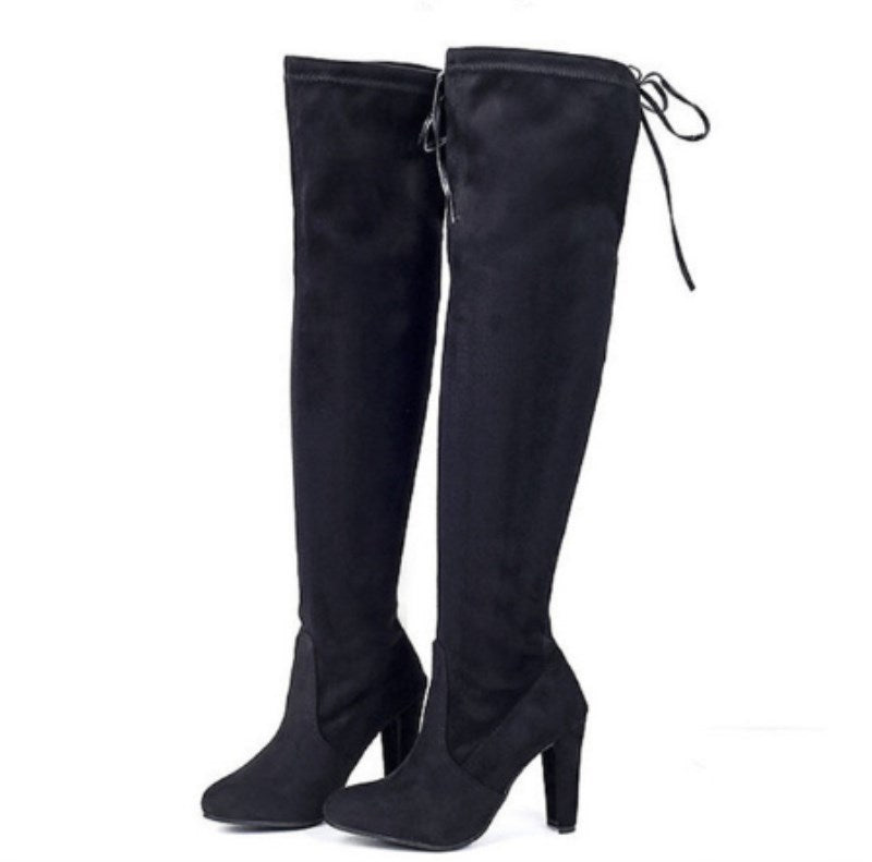 Women over the knee boots suede chunky heel lace up boots