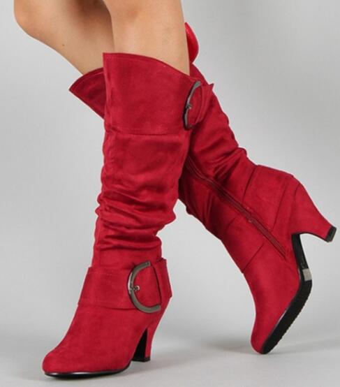 Women Long Boots Ladies Chunky Heel Suede Knee High Boots