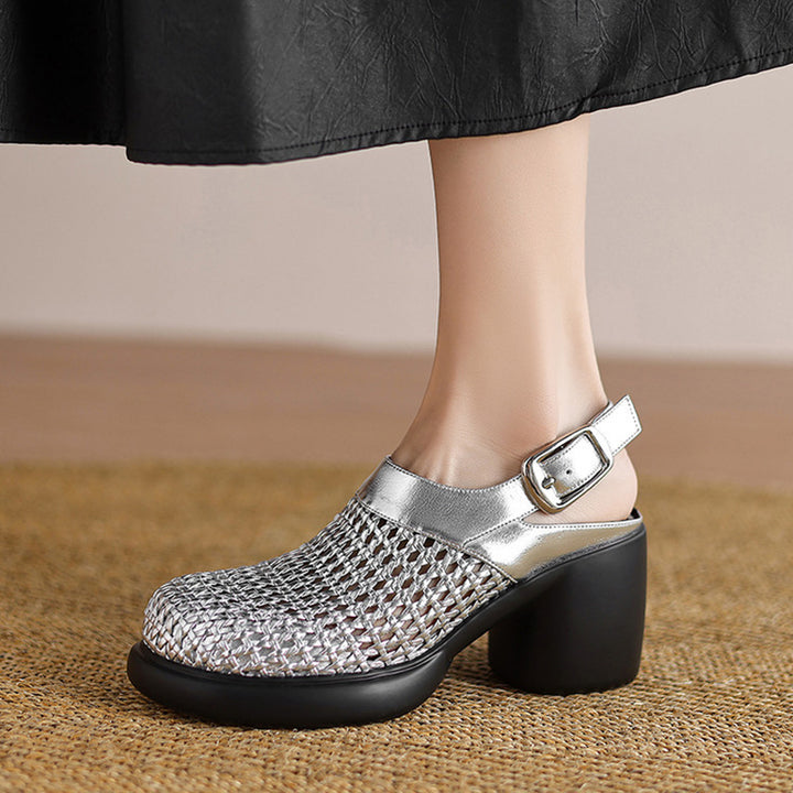 Women’s Woven Slingback Block Heels – Closed Toe Summer Shoes