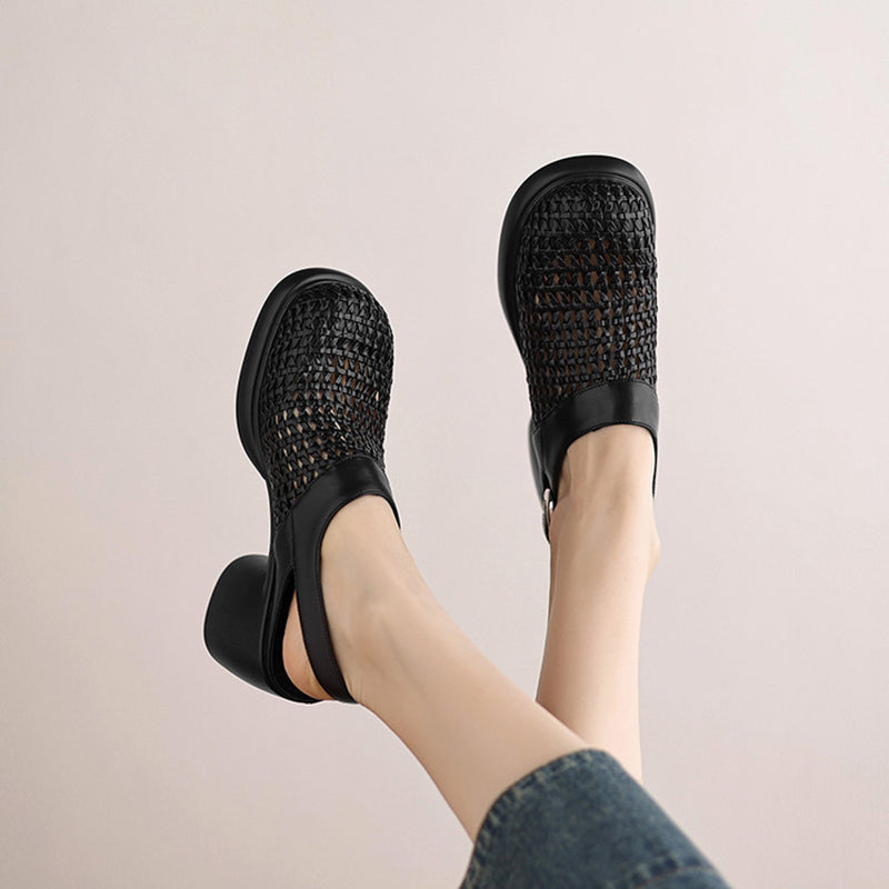 black Woven hollow out closed toe chunky heels sandals