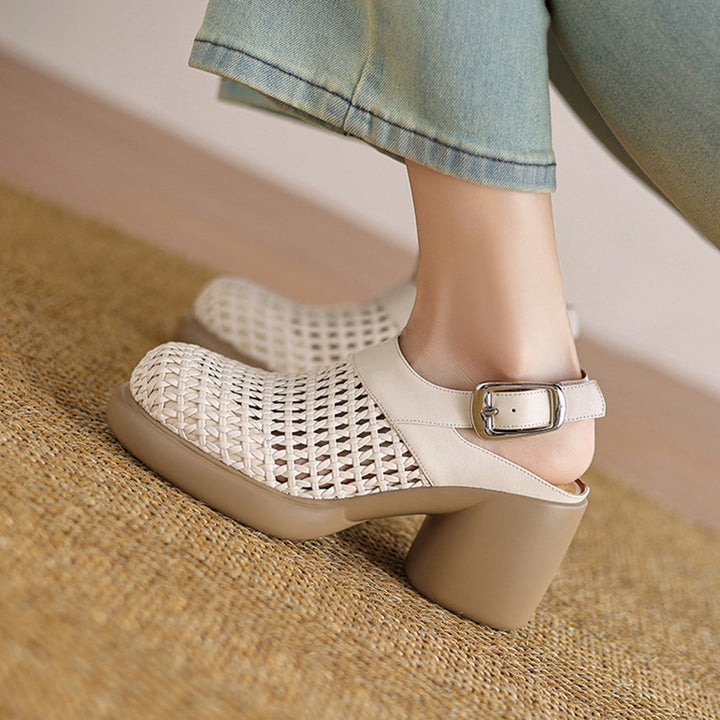 Women’s Woven Slingback Block Heels – Closed Toe Summer Shoes