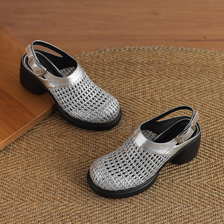 silver Woven hollow out closed toe chunky heels sandals