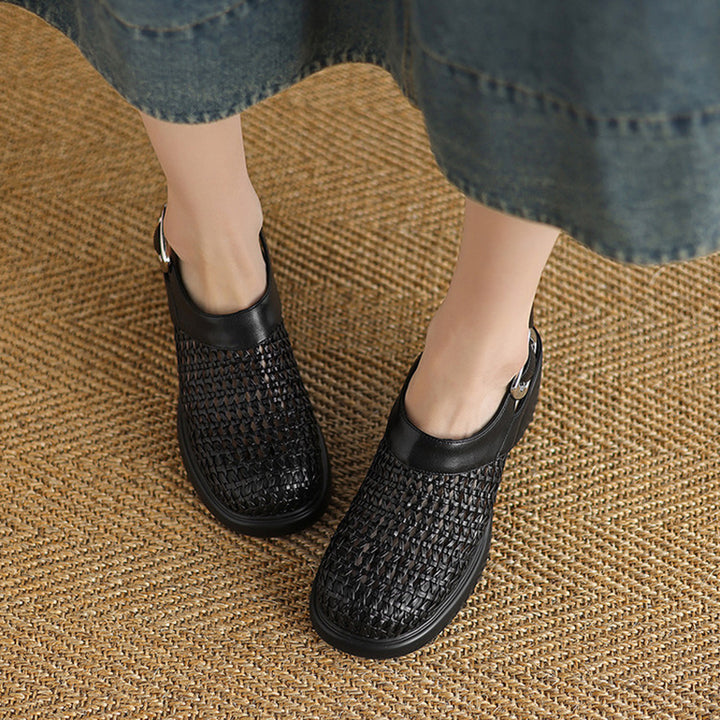 black Woven hollow out closed toe chunky heels sandals
