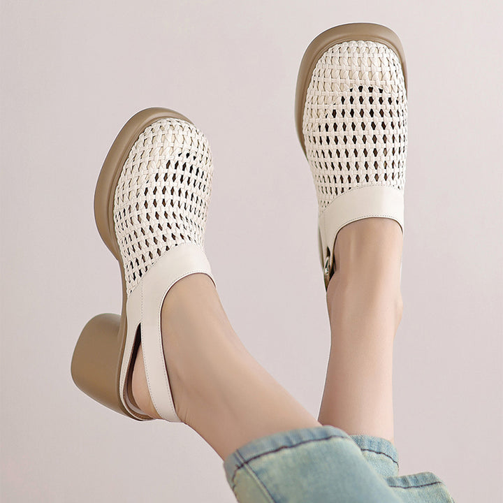 beige Woven hollow out closed toe chunky heels sandals