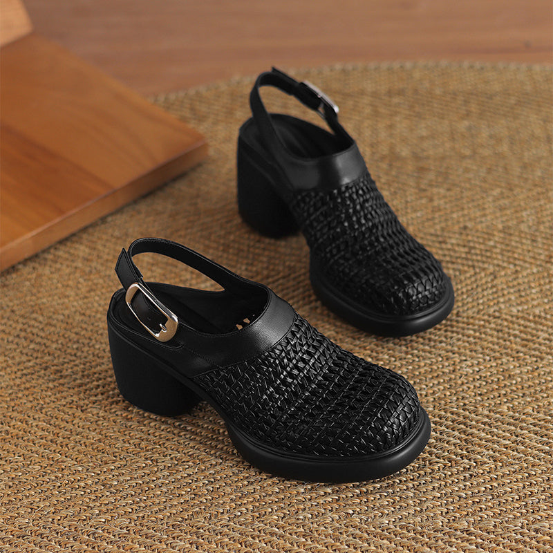 black Woven hollow out closed toe chunky heels sandals