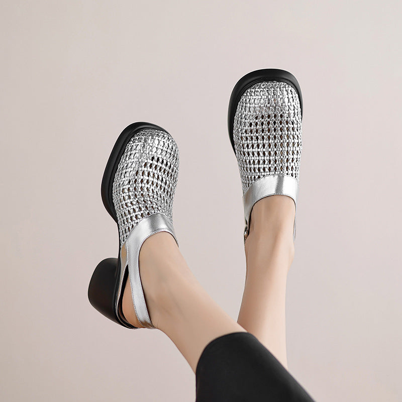 silver Woven hollow out closed toe chunky heels sandals