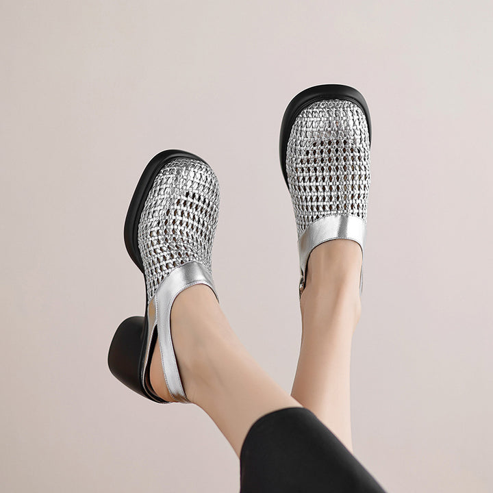 silver Woven hollow out closed toe chunky heels sandals