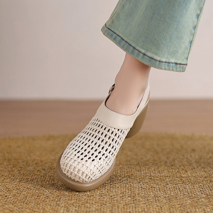 beige Woven hollow out closed toe chunky heels sandals