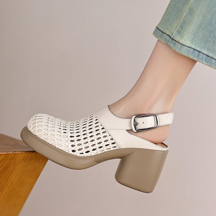 beige Woven hollow out closed toe chunky heels sandals