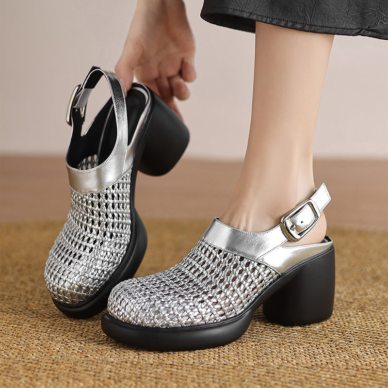 silver Woven hollow out closed toe chunky heels sandals