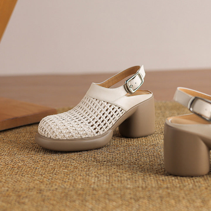 beige Woven hollow out closed toe chunky heels sandals