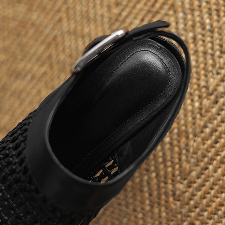 black Woven hollow out closed toe chunky heels sandals