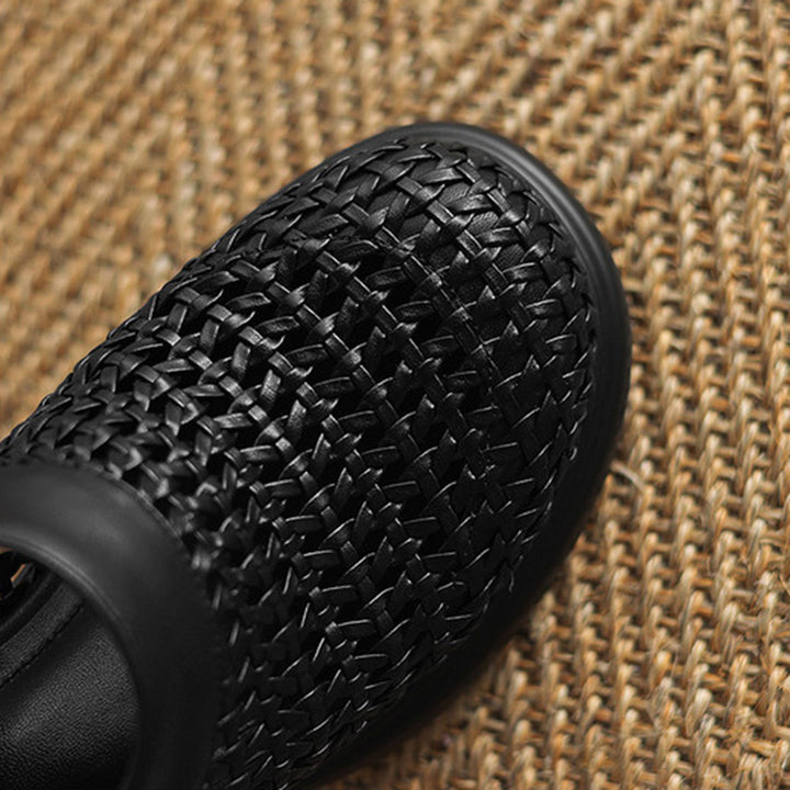 black Woven hollow out closed toe chunky heels sandals