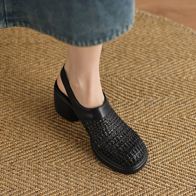 black Woven hollow out closed toe chunky heels sandals