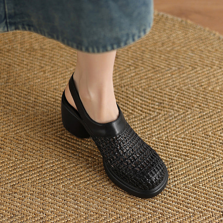 black Woven hollow out closed toe chunky heels sandals