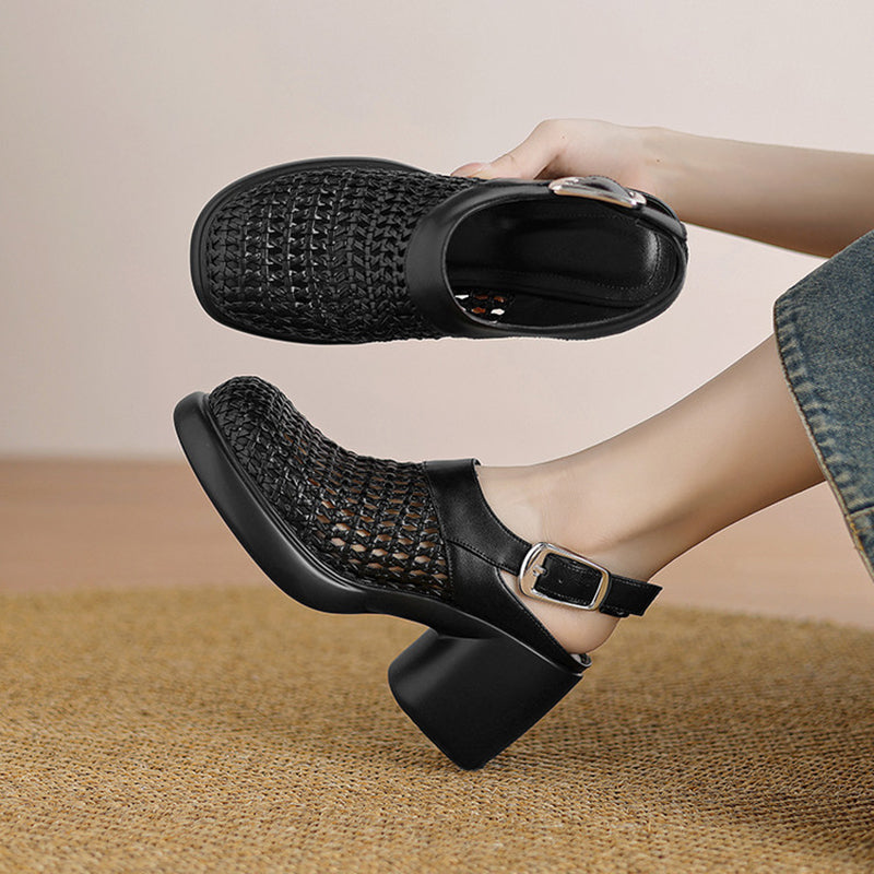 Women’s Woven Slingback Block Heels – Closed Toe Summer Shoes