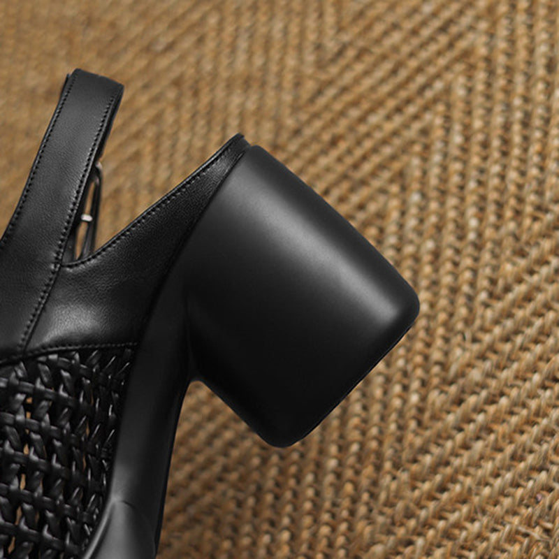 black Woven hollow out closed toe chunky heels sandals