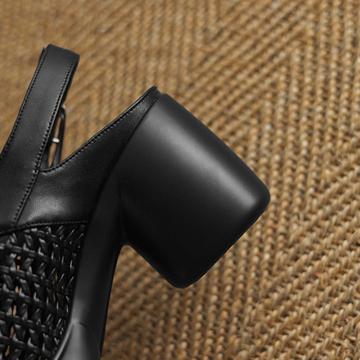 black Woven hollow out closed toe chunky heels sandals
