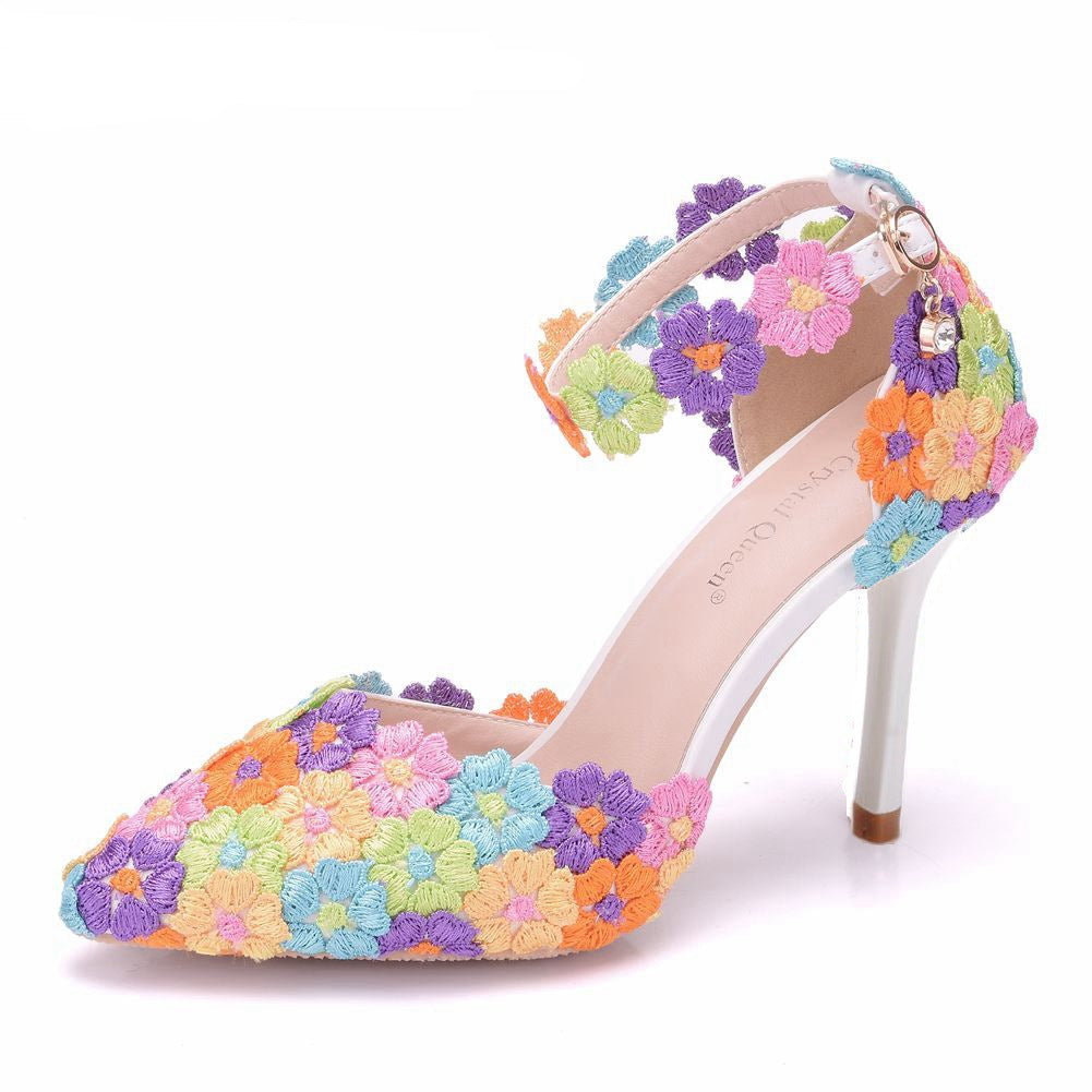 Women's flower lace imitation pearl décor ankle strap wedding heels sandals