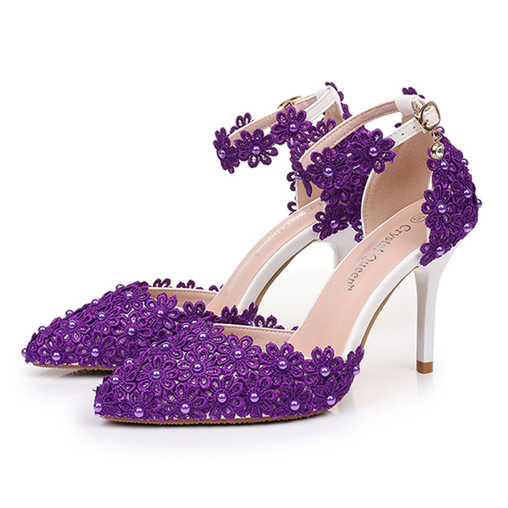 Women's flower lace imitation pearl décor ankle strap wedding heels sandals